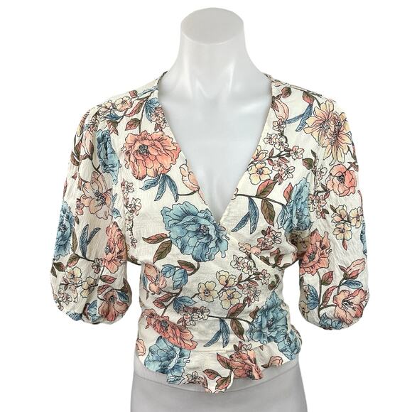 Forever 21 Womens Multicolor Floral Print V-Neck Half Sleeve Cropped Wrap Top 1X - Picture 1 of 4